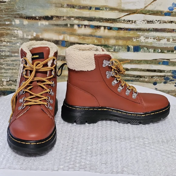 Dr. Martens Burnt Orange Shearling Lined Leather Combat Boots Size 7 - Picture 3 of 16
